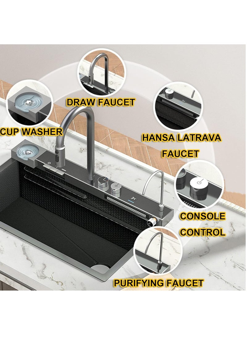 Workstation Kitchen Sink, 304 Stainless Steel Nano Waterfall Sink, Home Sink Vegetable Basin Single Sink, With Pull-Out Faucet, Cup Washer - Image 3