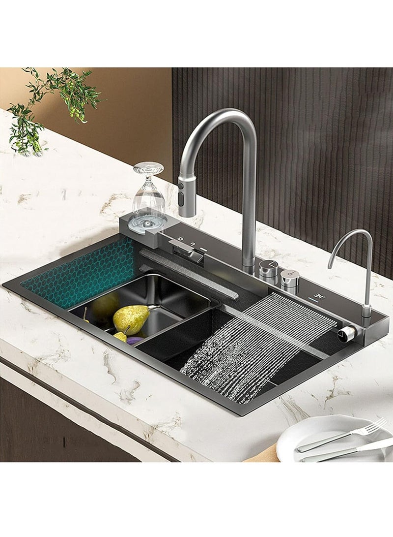 Workstation Kitchen Sink, 304 Stainless Steel Nano Waterfall Sink, Home Sink Vegetable Basin Single Sink, With Pull-Out Faucet, Cup Washer - Image 1