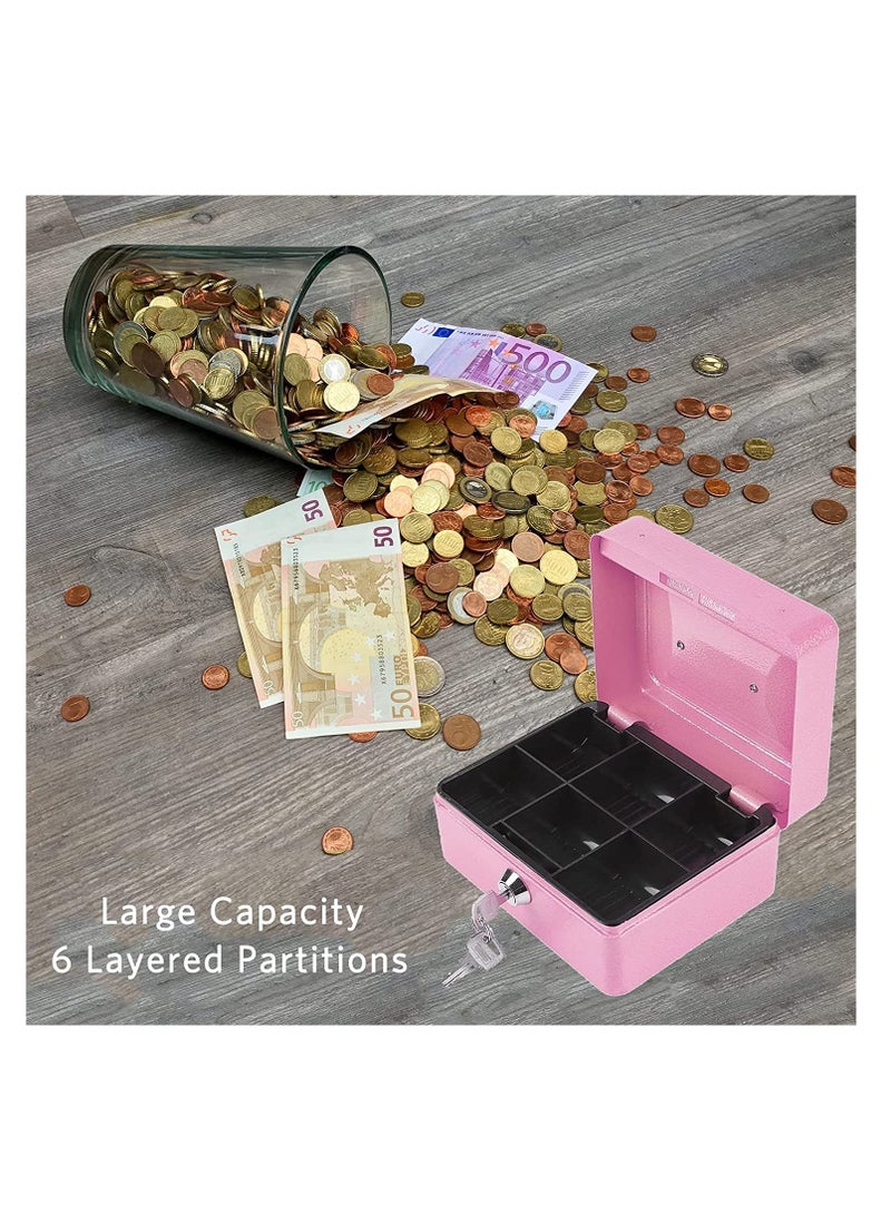 Excefore Mini Cash Box with Lock, Metal Security Box with 2 Key, Double Layer 5.9 x 4.72 x 2.95in, Pink - Image 5