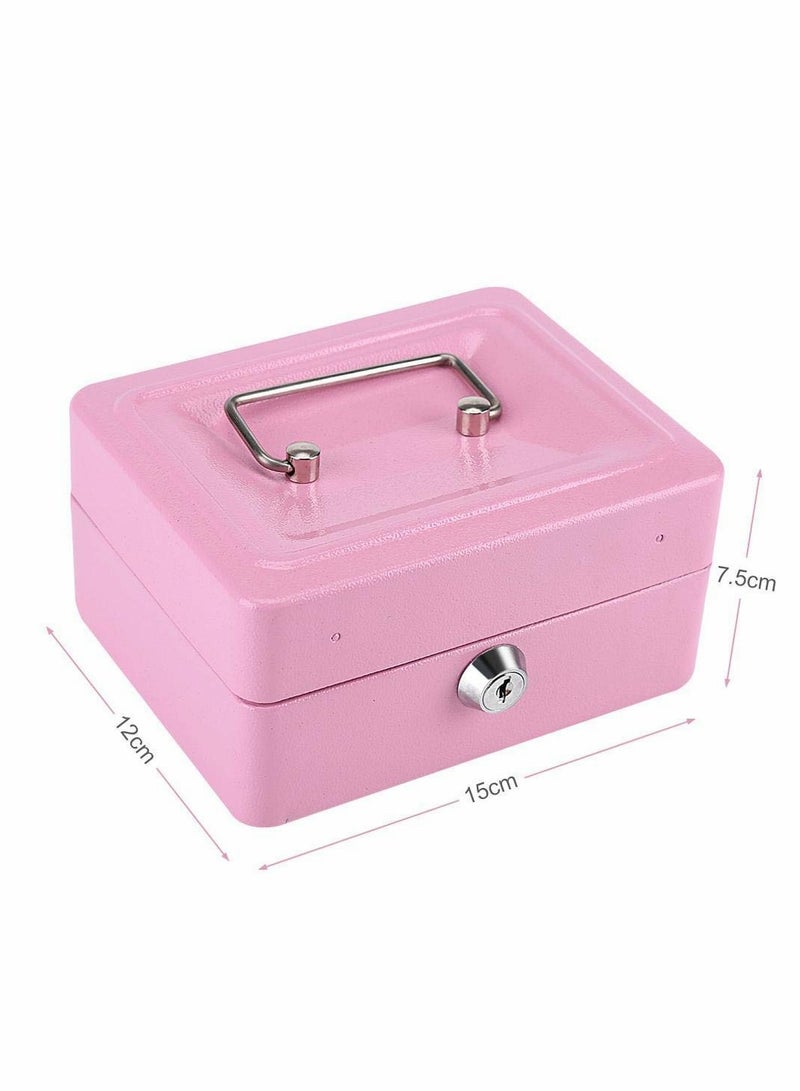 Excefore Mini Cash Box with Lock, Metal Security Box with 2 Key, Double Layer 5.9 x 4.72 x 2.95in, Pink - Image 2