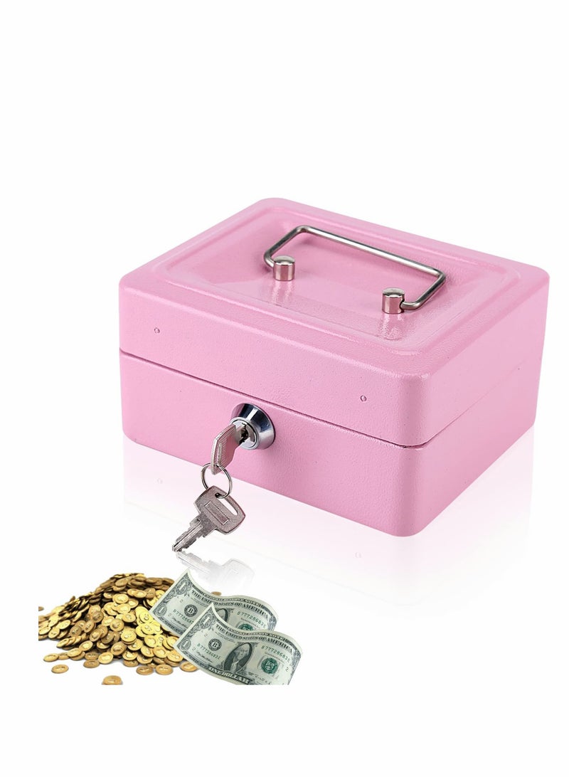 Excefore Mini Cash Box with Lock, Metal Security Box with 2 Key, Double Layer 5.9 x 4.72 x 2.95in, Pink - Image 1