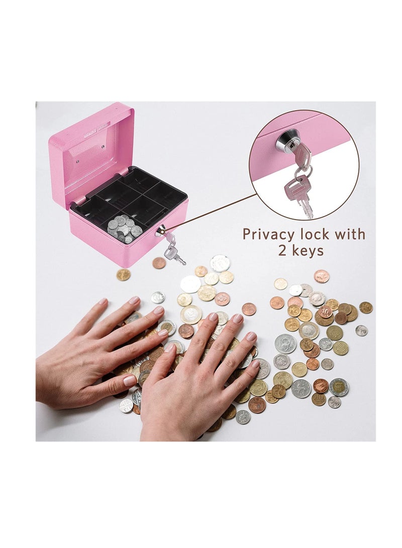 Excefore Mini Cash Box with Lock, Metal Security Box with 2 Key, Double Layer 5.9 x 4.72 x 2.95in, Pink - Image 4