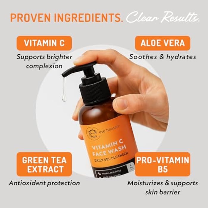 Eve Hansen Vitamin C Cleanser Face Wash | Anti Aging Facial Cleanser for Fine Lines, Age Spots, Dark Circles | Cruelty Free Skin Care Cleansing Gel with Aloe Vera, Vitamin E (4 oz) - Image 3