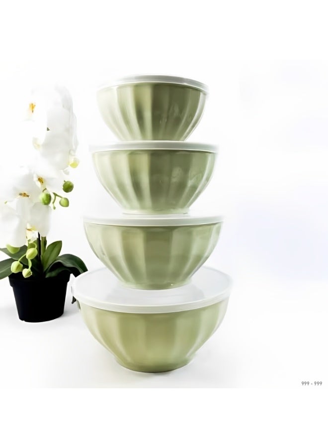 طقم أوعية خلط بلاستيكية مع أغطية – 4 قطع متداخلة بأحجام مختلفة لتحضير وتخزين الطعام – لون أخضر زيتوني – آمنة للميكروويف وخالية من BPA - Image 1