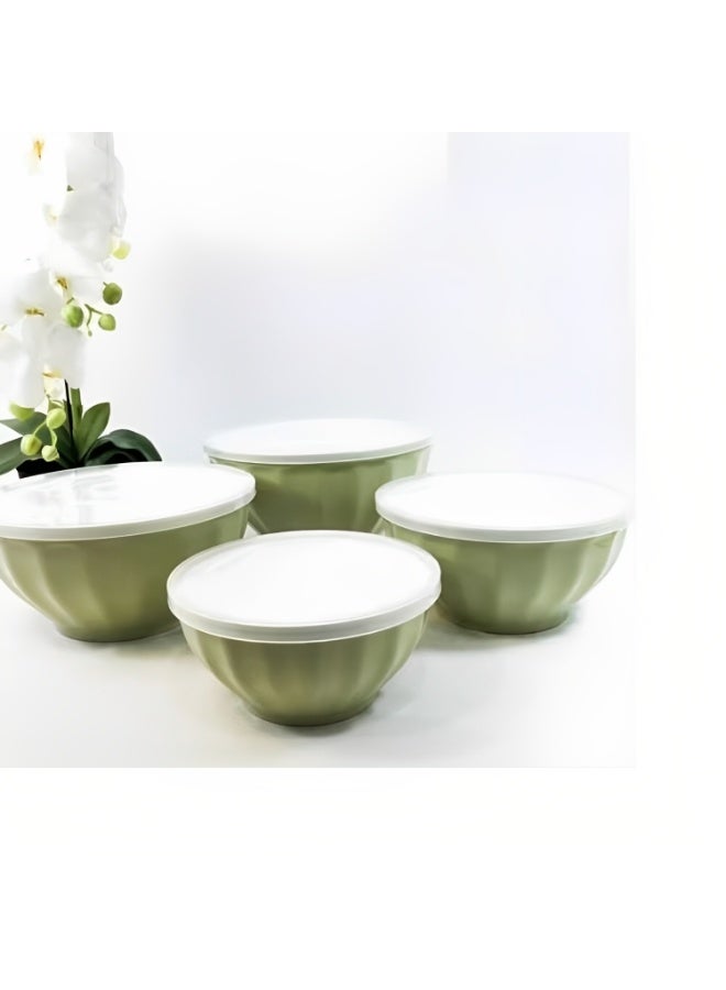 طقم أوعية خلط بلاستيكية مع أغطية – 4 قطع متداخلة بأحجام مختلفة لتحضير وتخزين الطعام – لون أخضر زيتوني – آمنة للميكروويف وخالية من BPA - Image 3