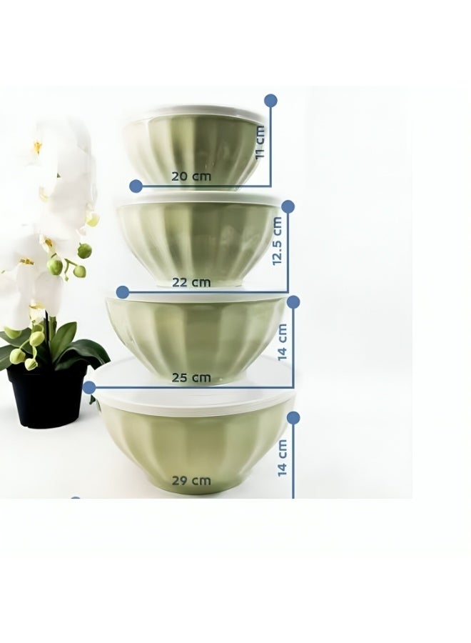 طقم أوعية خلط بلاستيكية مع أغطية – 4 قطع متداخلة بأحجام مختلفة لتحضير وتخزين الطعام – لون أخضر زيتوني – آمنة للميكروويف وخالية من BPA - Image 2