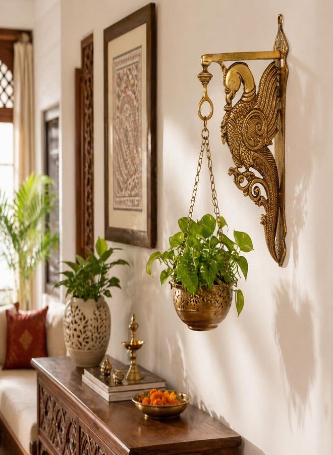 كارتيك خطاف كارتيك النحاسي لتعليق الببغاء على الحائط - تصميم طاووس تقليدي بطول 12 بوصة للديا والأجراس وديكور المنزل | زينة جدارية نحاسية عتيقة | قطع ديكور جدارية تقليدية لغرفة المعيشة - Image 5