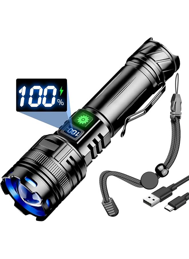 PROMASS promass Rechargeable Flashlight Torch, 20W LED Flashlights with Clip and LCD Display, 1000000 Lumen Super Bright Portable Torch Ajustable Focus Waterproof Battery Powered for Camping Emergency 