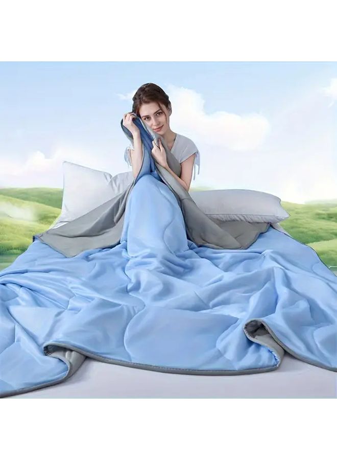 Ultra Soft Cooling Blanket Blue Quilted Design Breathable Machine Washable Summer Bedspread - Image 1