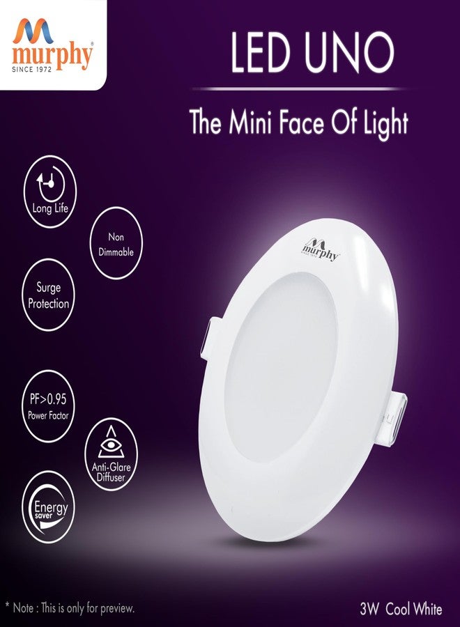 Murphy LED Uno 3W Round Deep Junction Box Light for False Ceiling | Cool White Mini Downlight | Anti-Glare Diffuser | Surge Protection | 45mm Cutout | 2 Years Warranty |Pack of 1 - Image 2