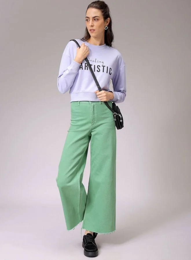 مرفوعة Women Relaxed Fit Typography Printed Crew Neck Long Sleeve Cropped Sweatshirt