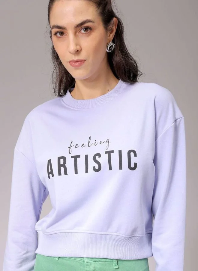 مرفوعة Women Relaxed Fit Typography Printed Crew Neck Long Sleeve Cropped Sweatshirt