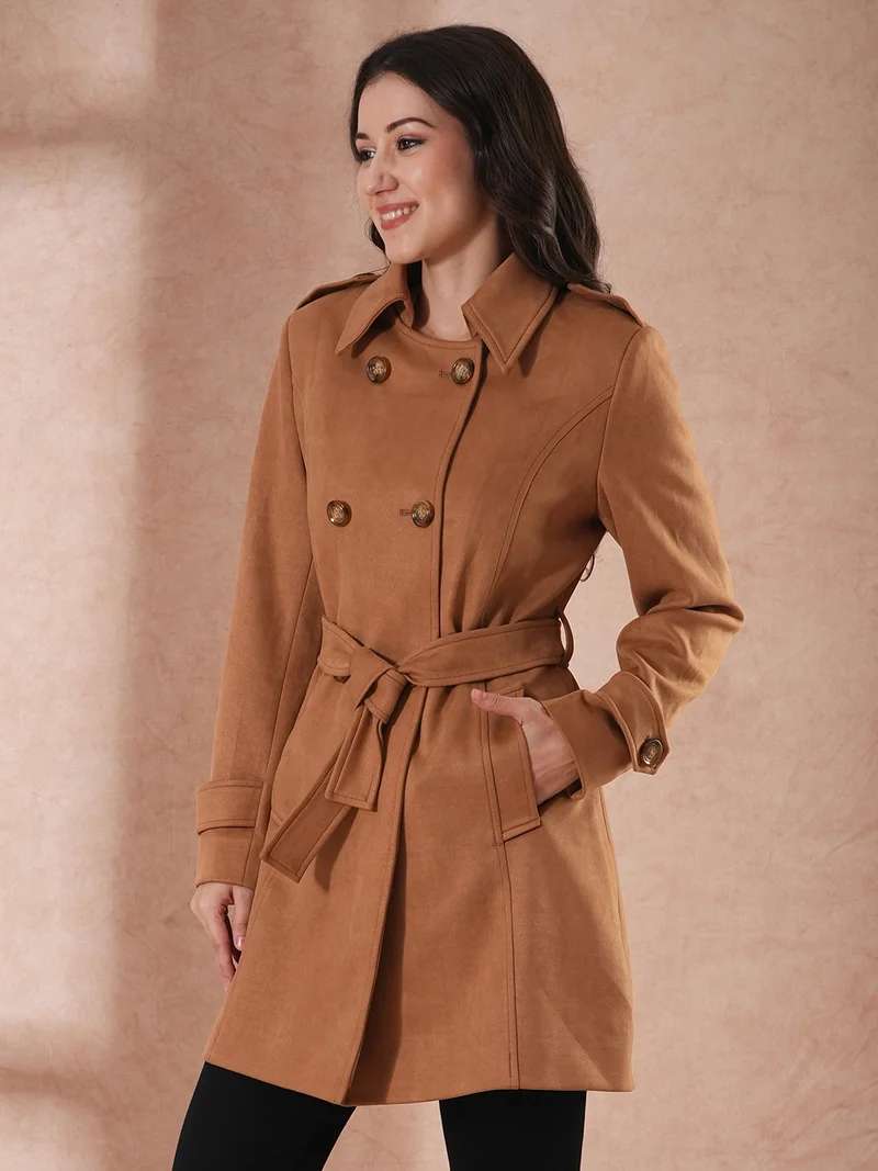 globus Globus Women Spread Collar Double Breasted Tailored Fit Belted Pea Coat