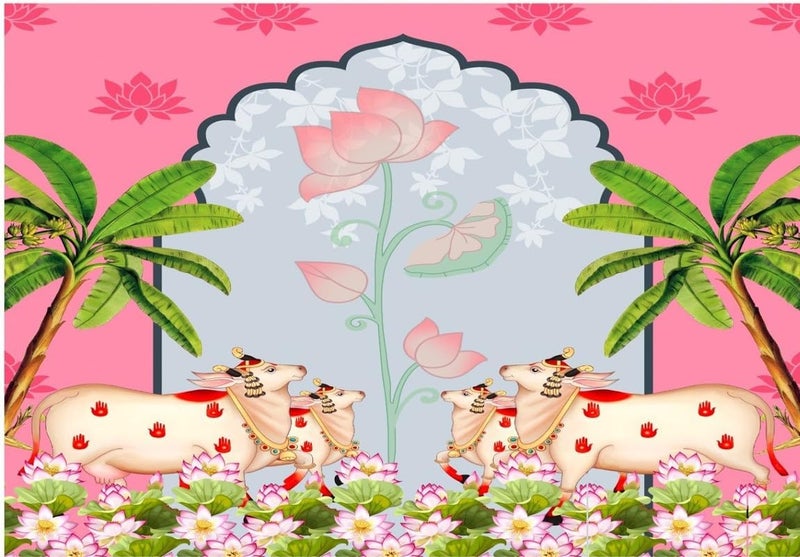 Bague Backdrop Cloth for Haldi New House Ceremony Home Decoration Cloth for All Functions and Photography 8 X 5 Feet (Light Pink with Coconut Tree) - Image 1