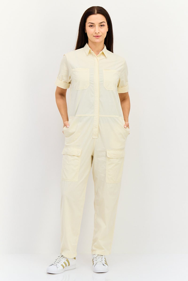Reiko Women Plain Short Sleeve Jumpsuit, Beige - Image 1
