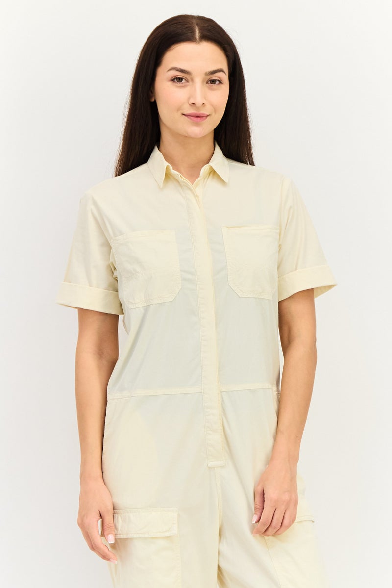 Reiko Women Plain Short Sleeve Jumpsuit, Beige - Image 2