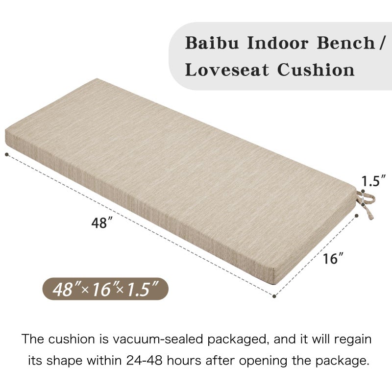 baibu 48 Inch Classic Solid Color Bench Cushion with Ties, Non-Slip Indoor Outdoor Rectangle Bench Seat Cushion Standard Size Foam Pad with Machine Washable Cover (Beige, 48x16x1.5in) - Image 3