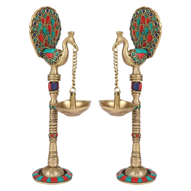 ARTVARKO Artvarko Pair of Bird Peacock Hanging Chain Diya Oil Lamp Stand Brass Religious Puja Fengshui for Home Decor Temple Diwlai Puja Decorative Gift 9 Inches 