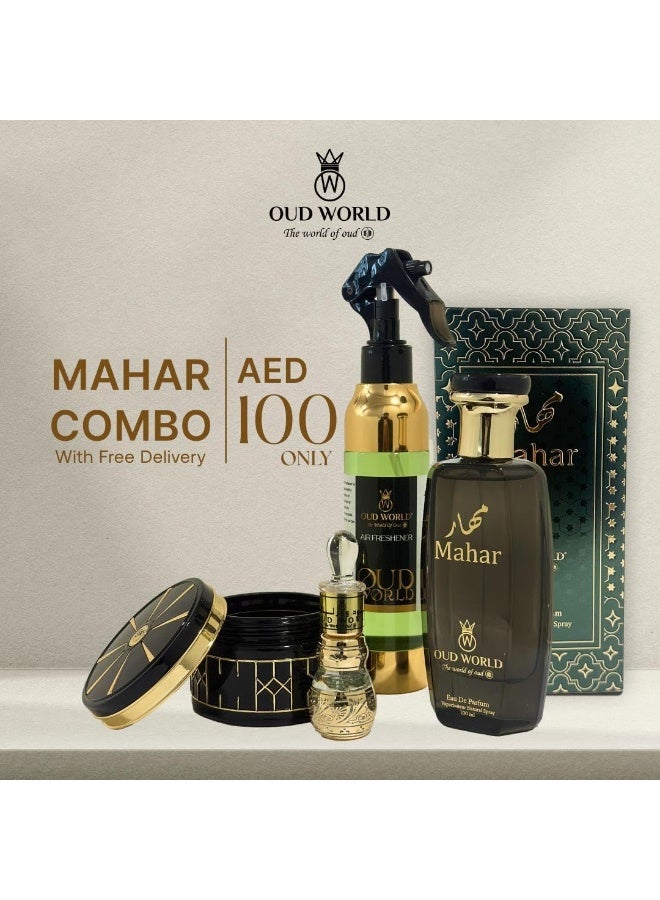 OUD WORLD Combo Pack – Elegant Oud Gift Set with Perfume, Bakhoor, Silk Musk 12ml Attar & Premium Air Freshener – Luxurious Fragrance Gift for Men & Women (Mahar perfume)