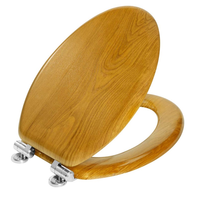 Angel Shield Wood Veneer Natural Toilet Seat with Quiet Close, Easy Clean, Quick-Release Hinges (Elongated, Oak) - Image 1