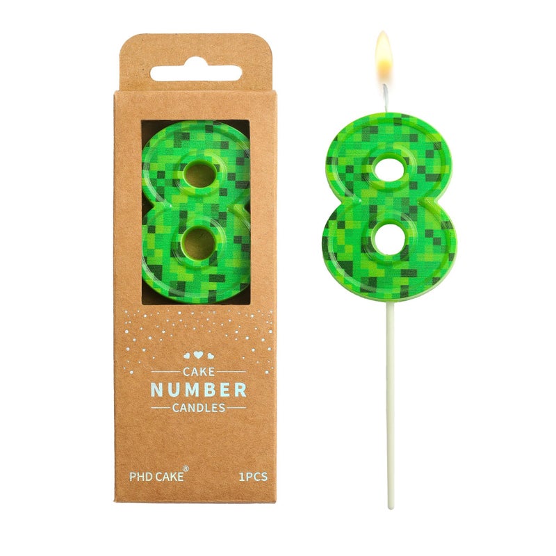 PHD CAKE 2.76 Inch Number 8 Pixel Birthday Candles, Green Miner Number Candles, Cake Number Candles, Party Celebration, Style Candle - Image 1