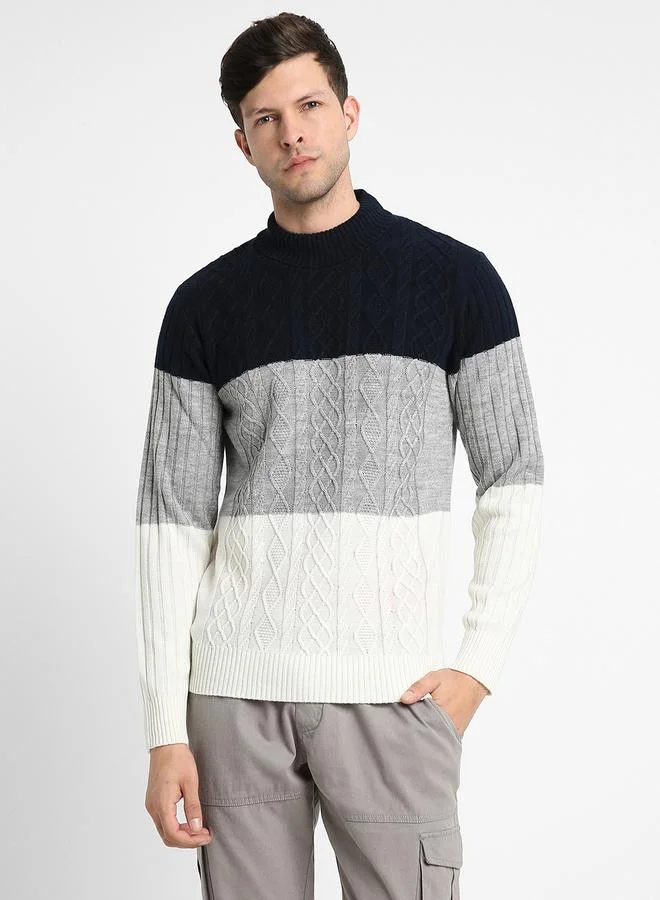 Dennis Lingo Navy Regular Fit Sweater for Men - 100% Acrylic, Colourblocked, Turtle Neck, Full Sleeves, Casual,