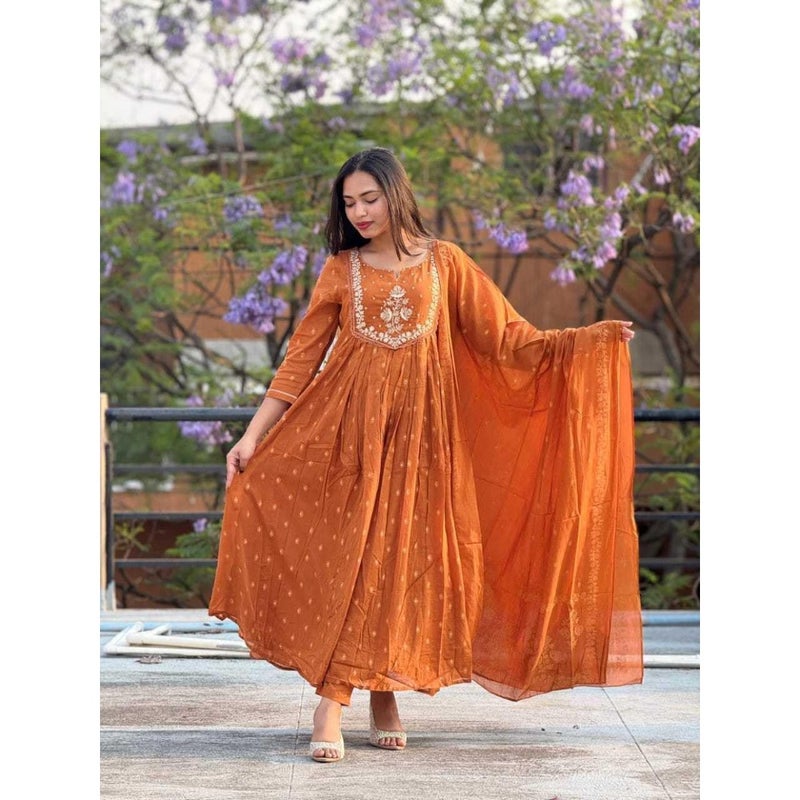 Sanvi Dharohar Women's Cotton Embroidery Anarkali Kurti And Pant With Dupatta Set For Women Ethnic Wear Cotton Fabric Full Sleeve Floor Length Traditional Indian Style - Image 3