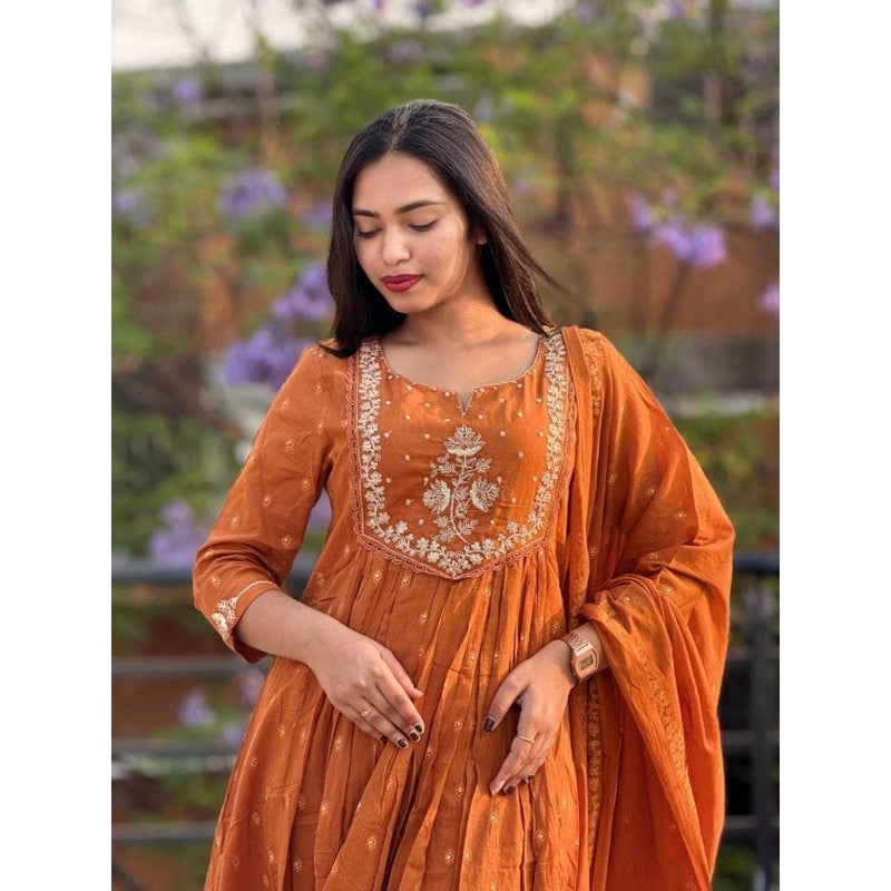 Sanvi Dharohar Women's Cotton Embroidery Anarkali Kurti And Pant With Dupatta Set For Women Ethnic Wear Cotton Fabric Full Sleeve Floor Length Traditional Indian Style - Image 4