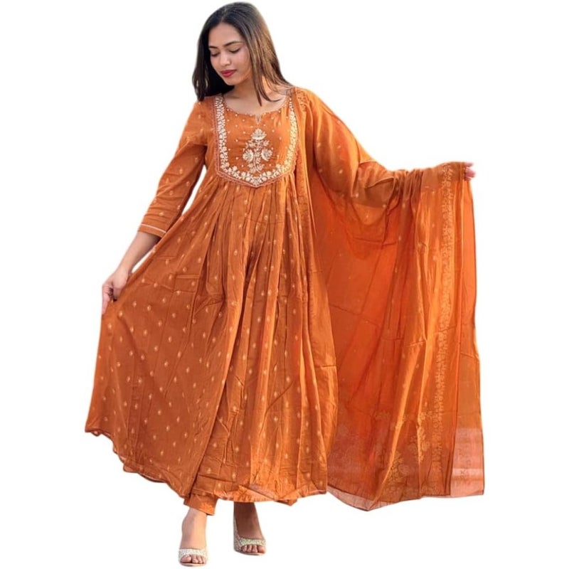 Sanvi Dharohar Women's Cotton Embroidery Anarkali Kurti And Pant With Dupatta Set For Women Ethnic Wear Cotton Fabric Full Sleeve Floor Length Traditional Indian Style - Image 1