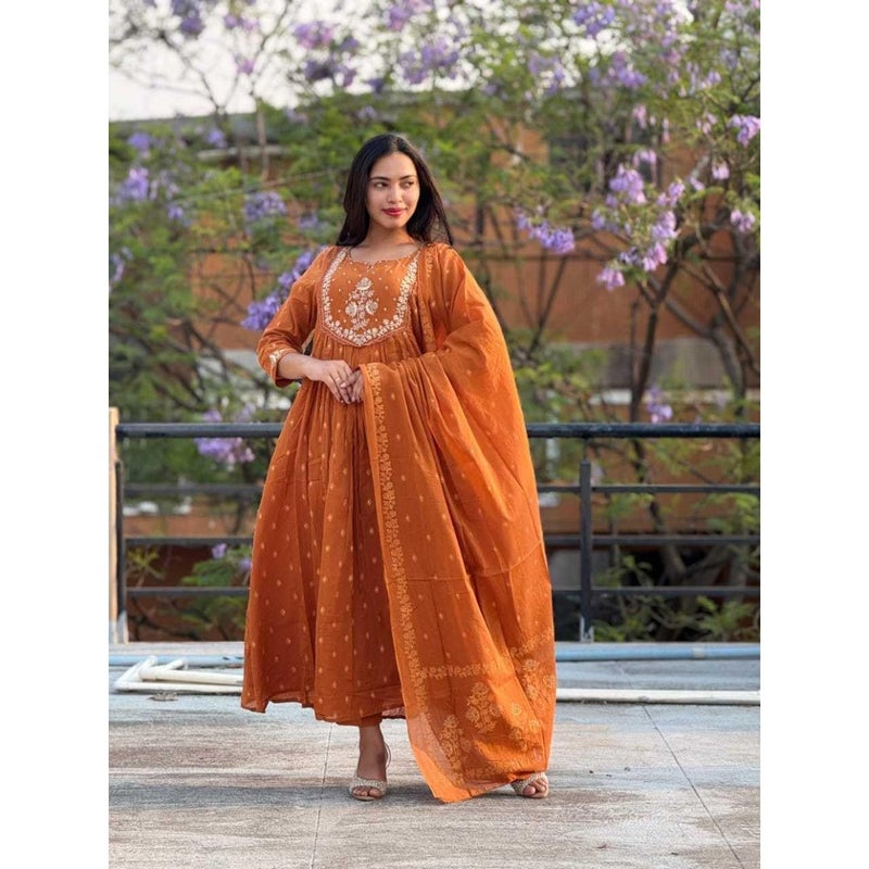Sanvi Dharohar Women's Cotton Embroidery Anarkali Kurti And Pant With Dupatta Set For Women Ethnic Wear Cotton Fabric Full Sleeve Floor Length Traditional Indian Style - Image 2