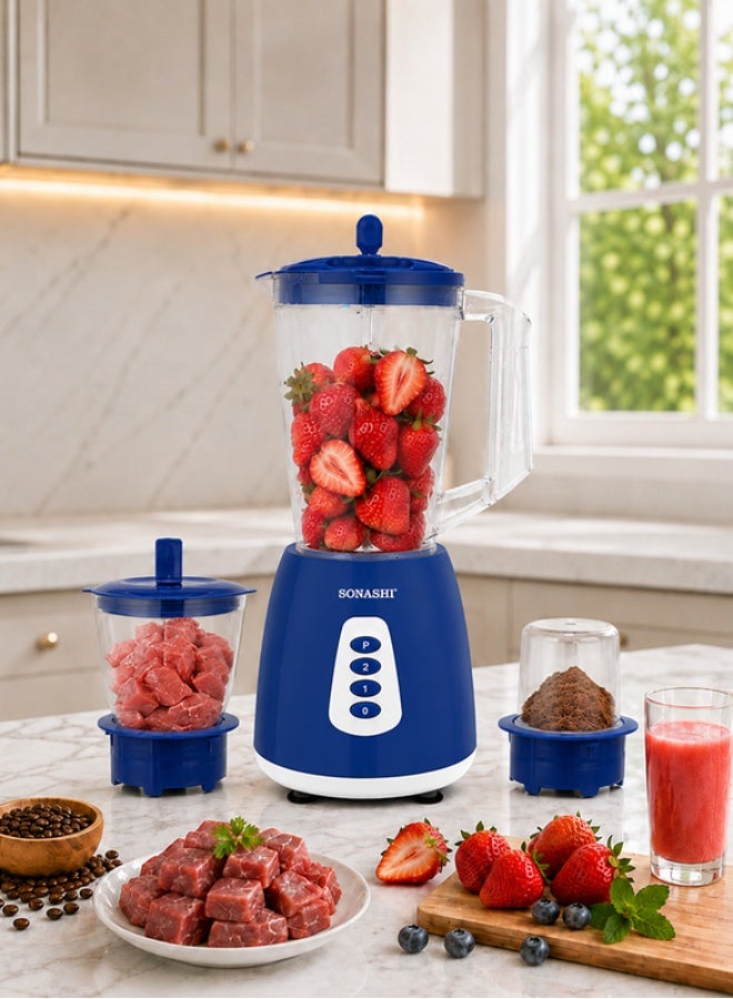 SONASHI 3-in-1 Blender / Grinder & Mincer | 600W |1.8L Unbreakable Jar, Grinding & Chopping Cups |6 Pcs Stainless Steel Blades, 2-Speed & Pulse Setting | Overheat Protection|  Best for Spice Grinding, Smoothie Making, Mincing & Blending | SB-195 Blue 1.5 L 600 W SB-195 - BLUE Blue - Image 1