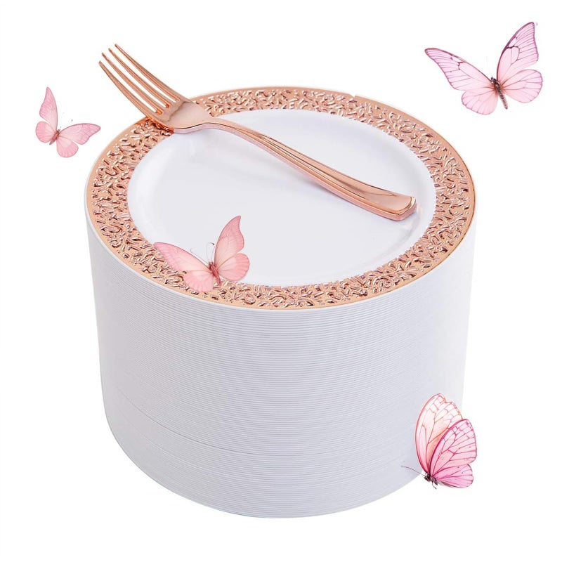 WDF أطباق حلوى وردية ذهبية 200 قطعة مع شوك 100 قطعة أطباق حلوى وردية ذهبية 7.5"" و 100 قطعة شوك 7.4"" تصميم دانتيل كعكة أطباق صغيرة مقبلات لعيد الحب/الزفاف - Image 1