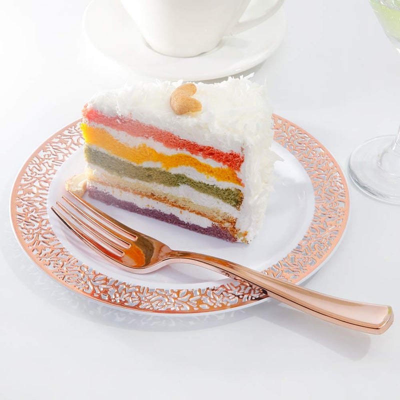 WDF أطباق حلوى وردية ذهبية 200 قطعة مع شوك 100 قطعة أطباق حلوى وردية ذهبية 7.5"" و 100 قطعة شوك 7.4"" تصميم دانتيل كعكة أطباق صغيرة مقبلات لعيد الحب/الزفاف - Image 5