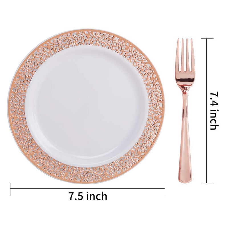 WDF أطباق حلوى وردية ذهبية 200 قطعة مع شوك 100 قطعة أطباق حلوى وردية ذهبية 7.5"" و 100 قطعة شوك 7.4"" تصميم دانتيل كعكة أطباق صغيرة مقبلات لعيد الحب/الزفاف - Image 2