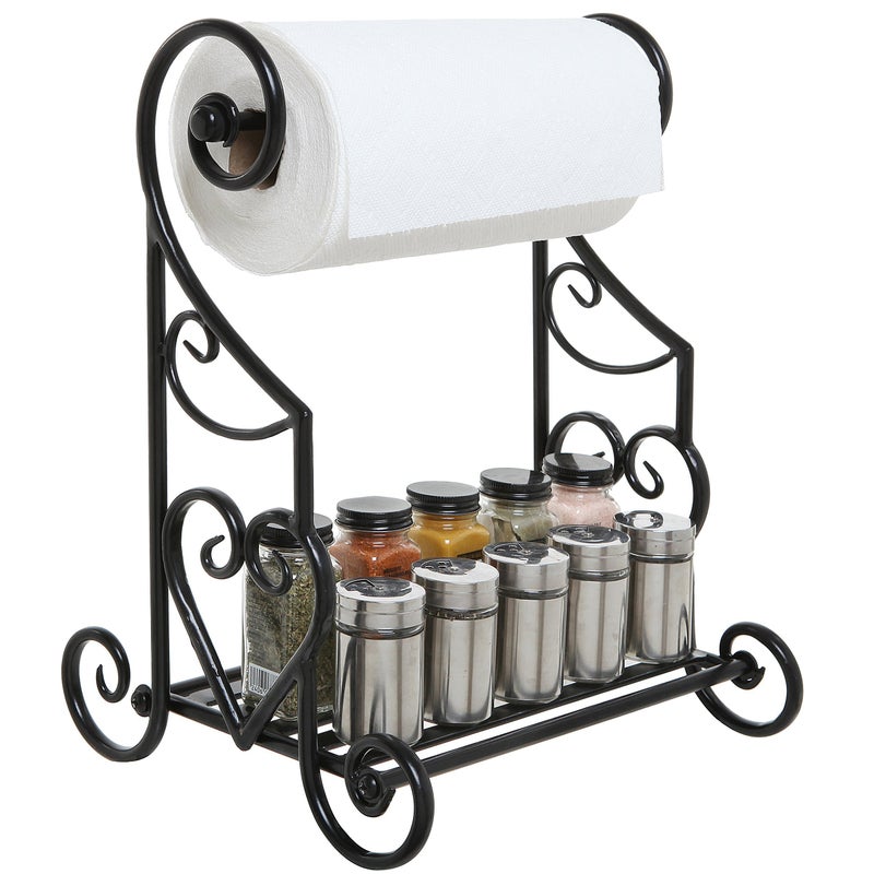 MyGift Gothic Paper Towel Holder Heart Scroll Metal Paper Towel Holder Stand with Slatted Condiment Shelf Rack Black Decorative Kitchen Decor Accessories - Image 2