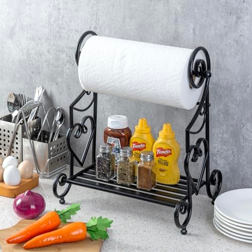 MyGift Gothic Paper Towel Holder Heart Scroll Metal Paper Towel Holder Stand with Slatted Condiment Shelf Rack Black Decorative Kitchen Decor Accessories - Image 3