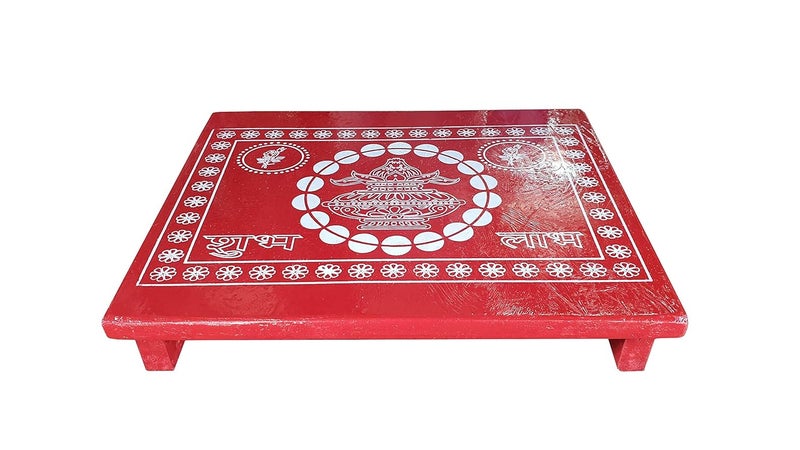 Epraiser Size 15x18 inches Premium Shubh Laabh Painted Multi Use Handcrafted Red Pooja TablePathPatla Wooden All Purpose Chowki - Image 4