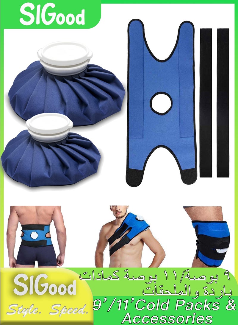 SIGood 2 Ice Packs with Blue Strap and 2 Elastic Bands, Injuries Reusable Ice Cold Packs, Hot Water Bag Ice Bag for Hot & Cold Therapy and Pain Relief, 2 Sizes (9/11’’) Ice Cube Bags - Image 1