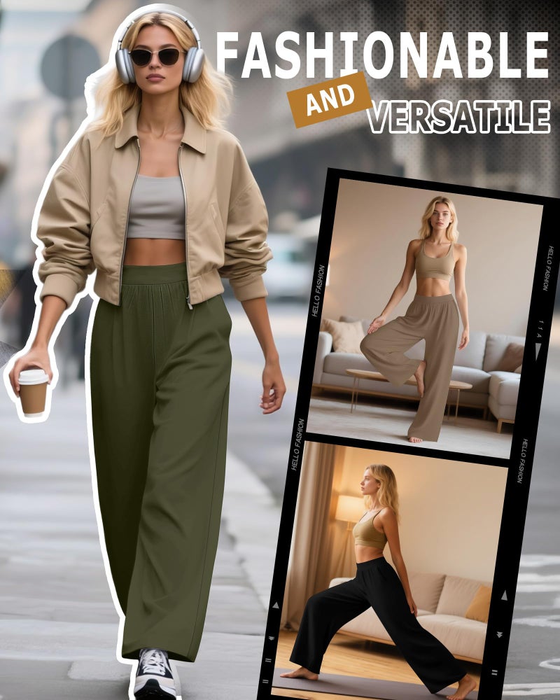 Huukeay 3 Pack Women's Lounge Pants, Cozy Wide Leg Lounge Slacks with Pockets Loose Flowy Yoga Sweatpant Workout Comfy Jogger(Black, Army Green, Coffee,Small) - Image 2