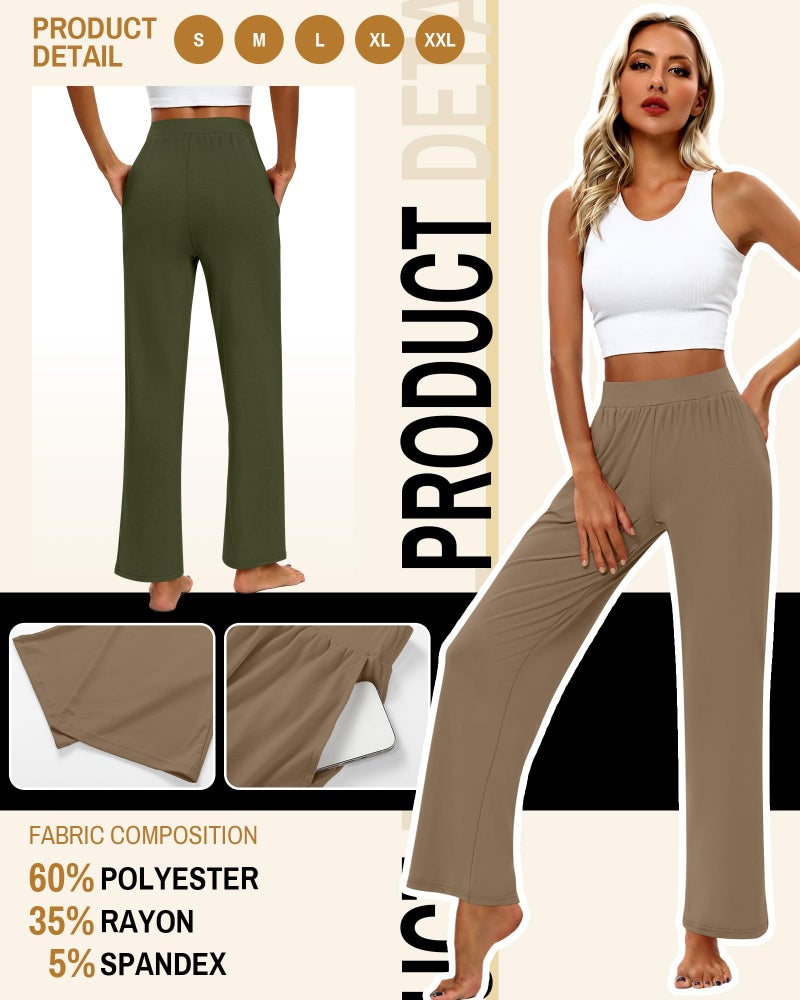 Huukeay 3 Pack Women's Lounge Pants, Cozy Wide Leg Lounge Slacks with Pockets Loose Flowy Yoga Sweatpant Workout Comfy Jogger(Black, Army Green, Coffee,Small) - Image 4