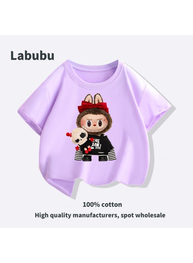 Overseas Labubu Cool Black Style Doll Labubu Summer Pure Cotton Short Sleeve Children's Wear Parent-child Matching T-shirt