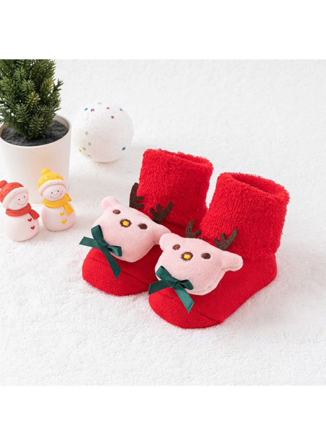 Newborn Baby Autumn And Winter Red Terry Socks Thickened Velvet Warm Floor Socks Baby Cartoon Cute Cotton Toddler Socks