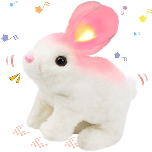 Hopearl Hopping Rabbit with LED Ears Interactive Electronic Pet Plush Bunny Toy with Sounds and Movements Animated Walking Wiggle Light up Ears Twitch Nose Gift for Toddlers Birthday White 7 - Image 1