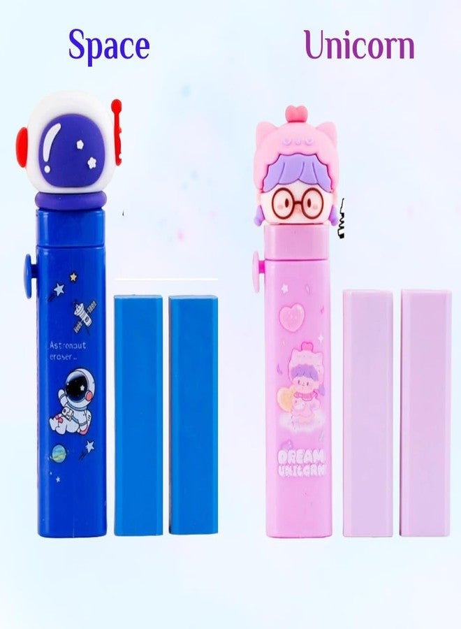 NeedVibes Unicorn, Space ComboTheme Push Pull Kawaii Pencil Eraser for Girls and Boys, Fancy Erasers for Kids, Cute Retractable Erasers with Protective Cases, Stationery Set (Pack of 2) - Image 2