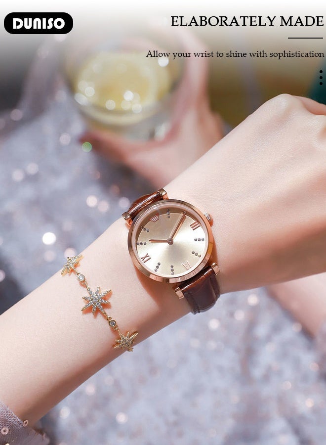 DUNISO Women's watch, analog quartz watch, leather strap, with calendar and date display function, water-resistant stainless steel wristwatch - Image 5