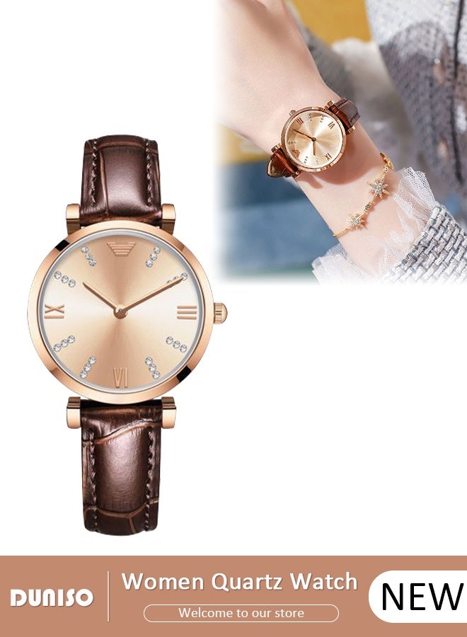 DUNISO Women's watch, analog quartz watch, leather strap, with calendar and date display function, water-resistant stainless steel wristwatch - Image 1