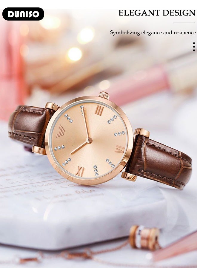 DUNISO Women's watch, analog quartz watch, leather strap, with calendar and date display function, water-resistant stainless steel wristwatch - Image 4