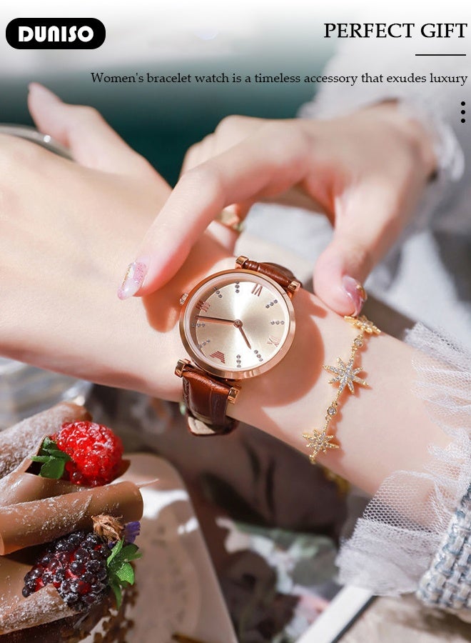 DUNISO Women's watch, analog quartz watch, leather strap, with calendar and date display function, water-resistant stainless steel wristwatch - Image 2