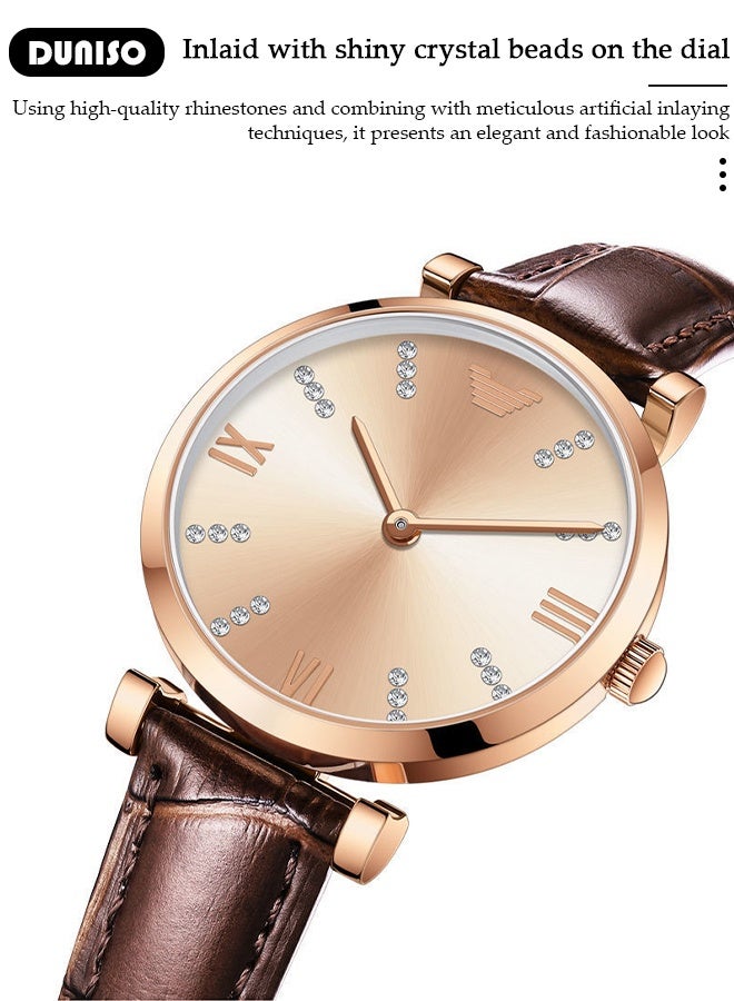 DUNISO Women's watch, analog quartz watch, leather strap, with calendar and date display function, water-resistant stainless steel wristwatch - Image 3