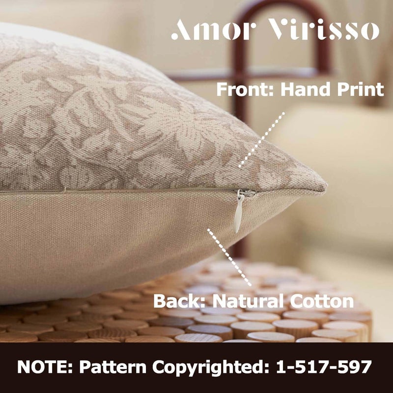 Amor Virisso Throw Pillow Covers 20x20 Floral Pillow Covers Block Print Farmhouse Neutral Pillow Covers Decorative Accent Throw Pillows for Couch Bed Living Room Sofa Pillows 1PC, Cream Oatmeal - Image 2